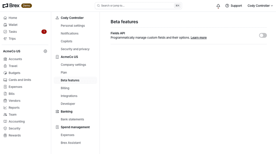 Instructions for opting into Beta APIs in Brex dashboard